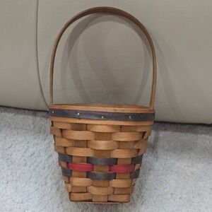 Vintage Woven Wood Basket with Handle Rustic Farmhouse Decor  1996 Red Gray Trim